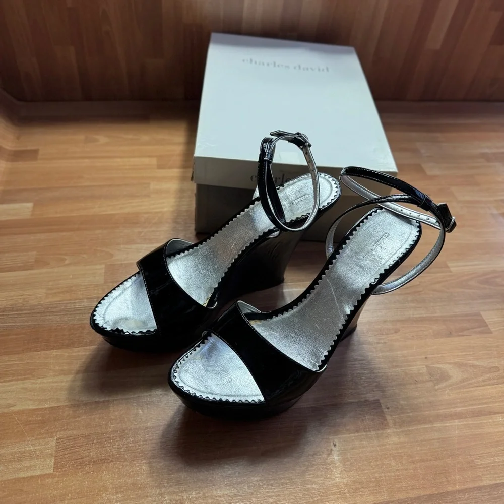 Charles David truce black patent wedge open toe shoes ankle strap size 9 - Picture 3 of 12
